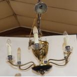 A French gilt brass and brushed metal hanging six light electrolier, with gilt metal ceiling rose,