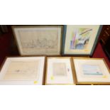 Assorted pictures and prints to include pencil sketch of a sailing barge, watercolours etc, mainly