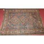 A small Persian woollen blue ground Shiraz rug, having multiple trailing tramline borders, 150 x