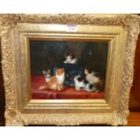 Helen Lee - Kittens with goldfish bowl, oil on panel, signed lower left, 20 x 25cm