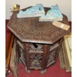 A Moorish carved hardwood octagonal occasional table, w.45cm; together with a pair of painted iron