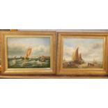 20th century Dutch school - Pair; Fishing boats and a Beach scene, oils on board, each 29 x 39cm