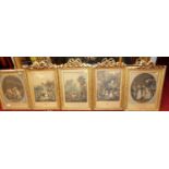 A collection of French colour mezzotints in gilt composition frames (frames with some losses);