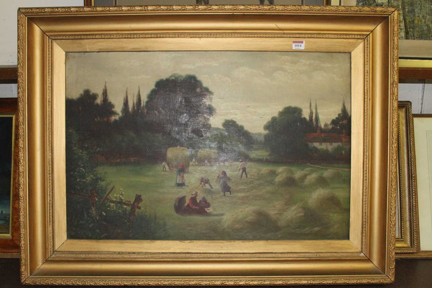 Early 20th century English school - Harvest Time, oil on canvas, 50x75cmDirty, small areas re-