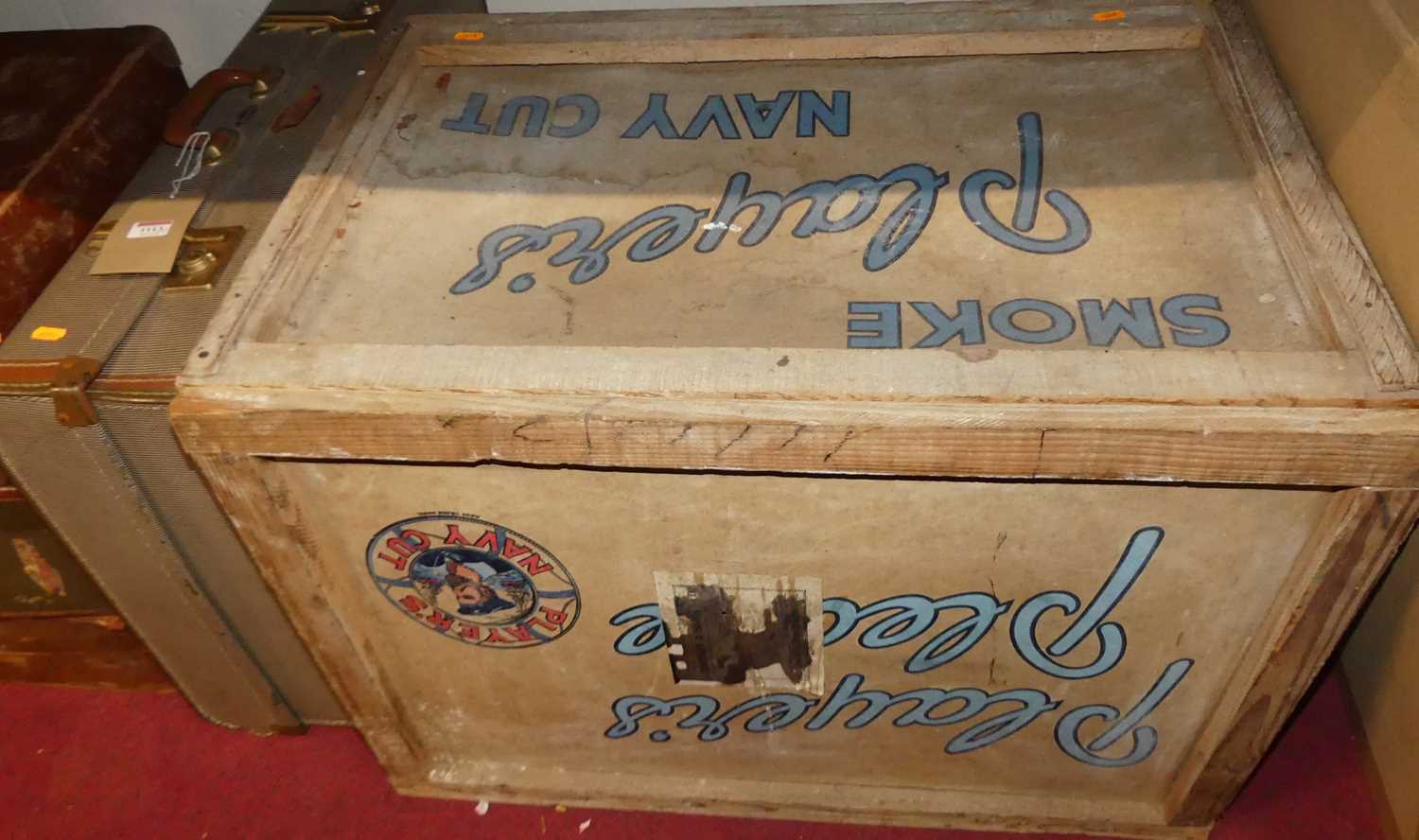 A pine bound storage box advertising Player's Navy Cut cigarettes; together with four various