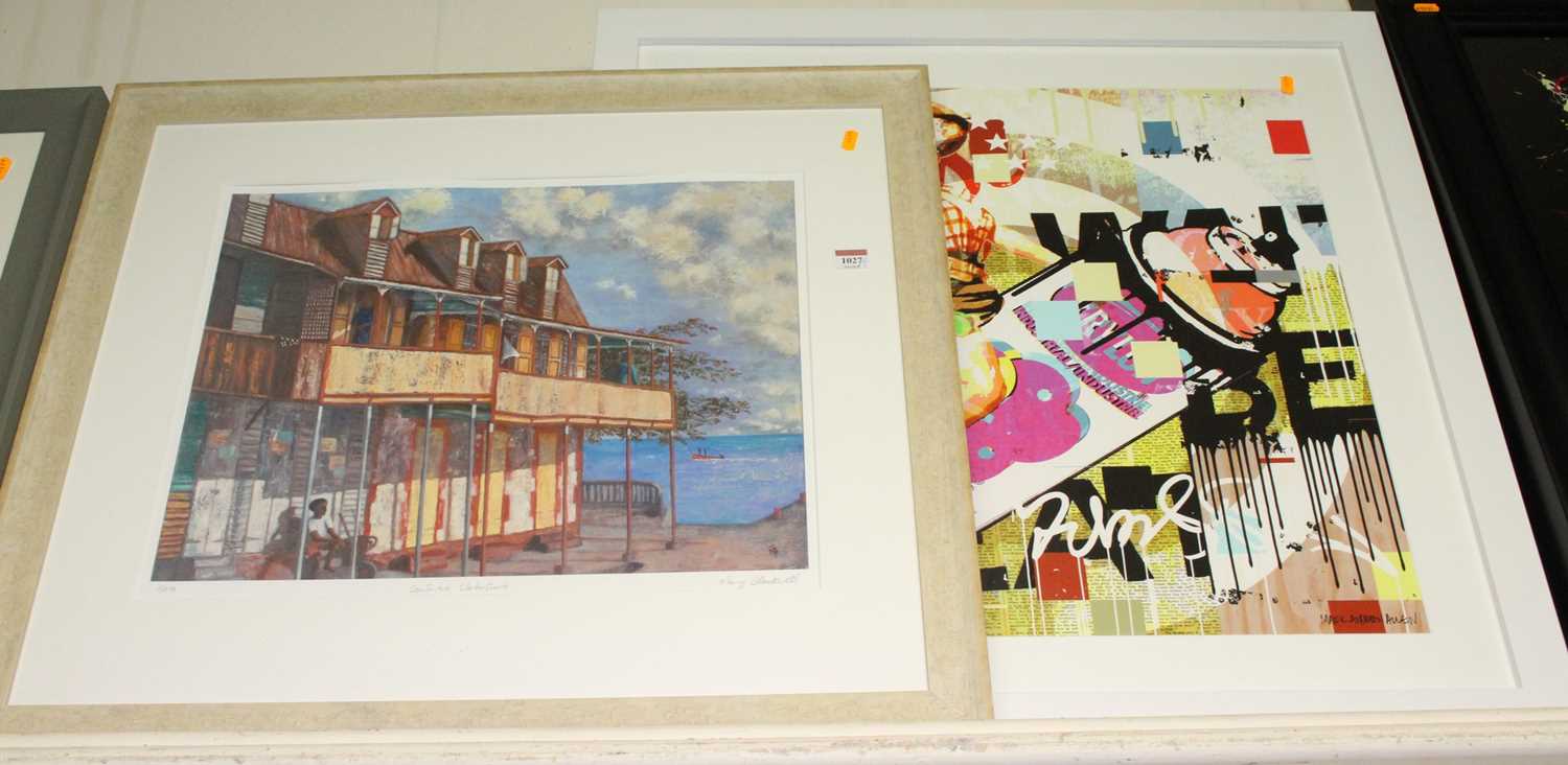 Mark Andrew Allen - lithograph, Mary Blackwell - Soufrieve Waterfront, lithograph, and three