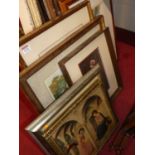 Assorted pictures and prints, polychrome painted wooden panel, two-section screen etc