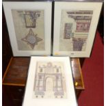 A set of three reproduction colour engravings depicting Roman architecture, 35 x 23cm