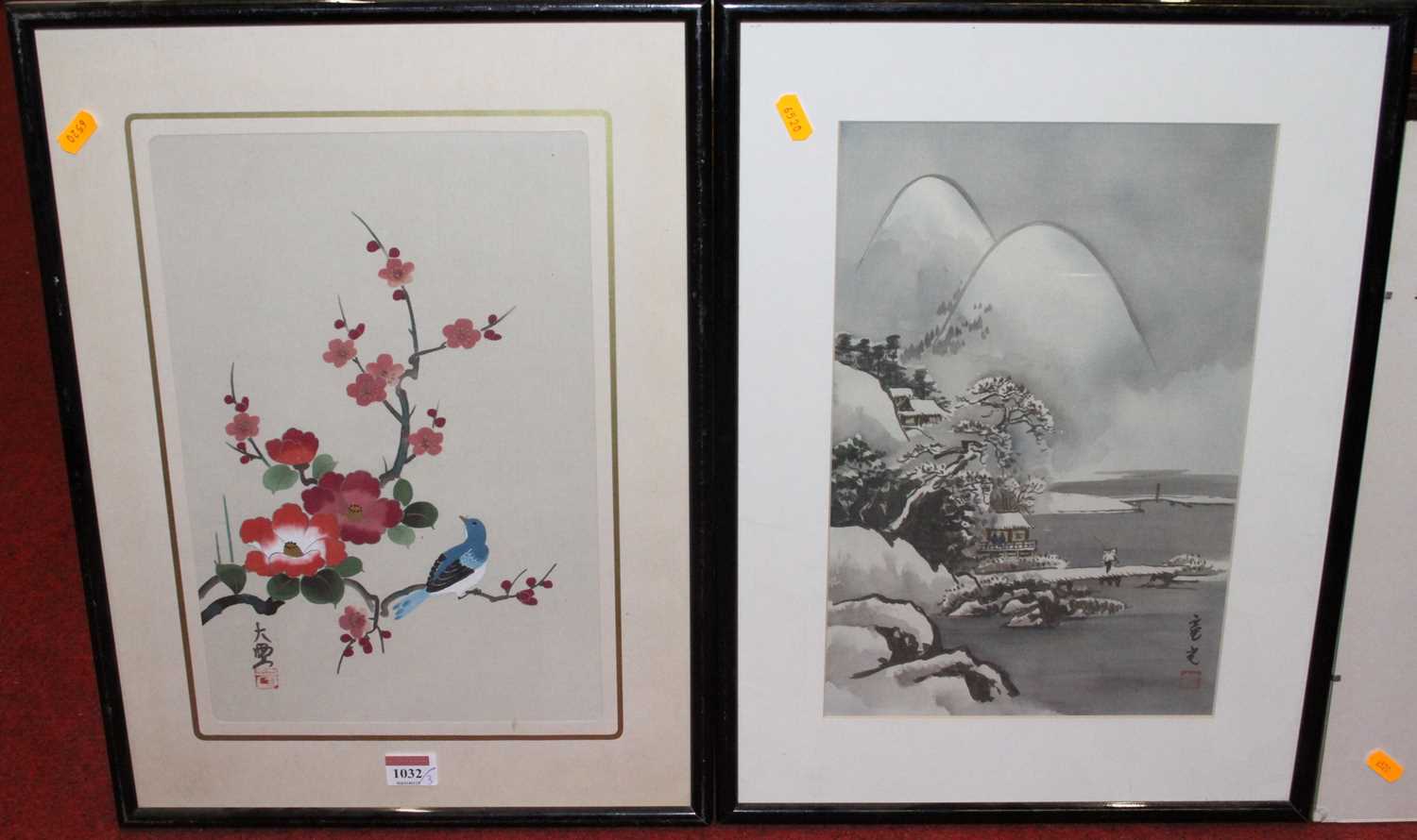 Two Japanese gouache on silk 20th century together with one other Japanese print (3) - Image 2 of 4