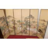 A Japanese six-division panelled screen, the painted canvas panels decorated with figure landscape
