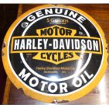 A convex enamel advertising sign for Harley Davidson motorcycles, dia.30cm