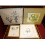 Three various botanical watercolours; together with a Japanese watercolour on silk (4)