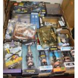 Two trays of mixed TV related action figures and collectables to include Lego Batmobile, Pursuit
