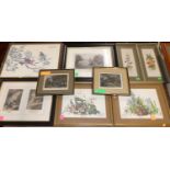 A box of assorted pictures and prints to include topographical engravings, still life etc