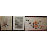 Two Japanese gouache on silk 20th century together with one other Japanese print (3)