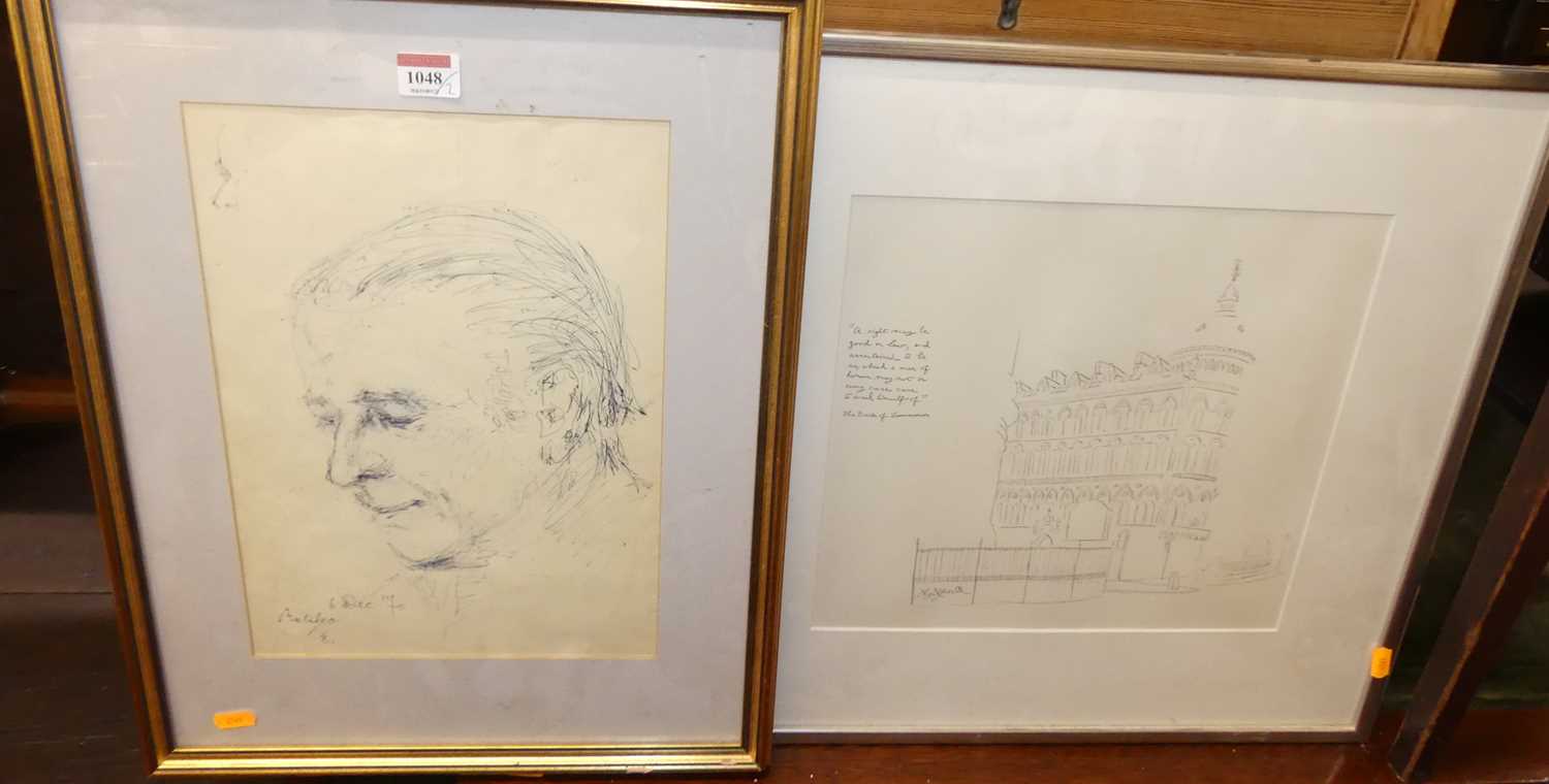 Nigel Foxell - Entrance to Bank Station, pencil, 30 x 32cm; together with an ink portrait study (2)