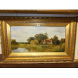 Early C20th school, Farmhouse and buildings with pond to the foreground, oil on canvas, signed lower