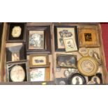 Two boxes of assorted pictures and prints, to include reproduction portrait miniatures, silhouettes,