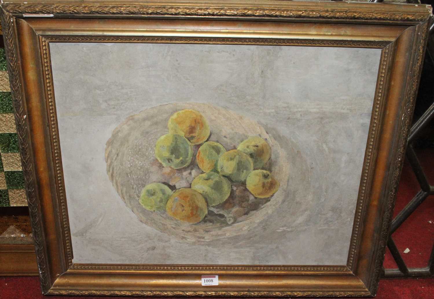 Mid 20th century, still life with apples, oil on board, signed with monogram, JMK lower right, - Image 2 of 2