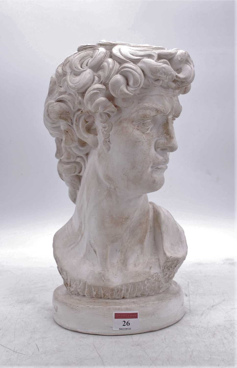 A reproduction plaster bust of Michelangelo's David, h.34cm