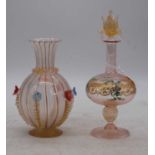 A Venetian glass vase, having floral encrusted decoration, h.17.5cm; together with another