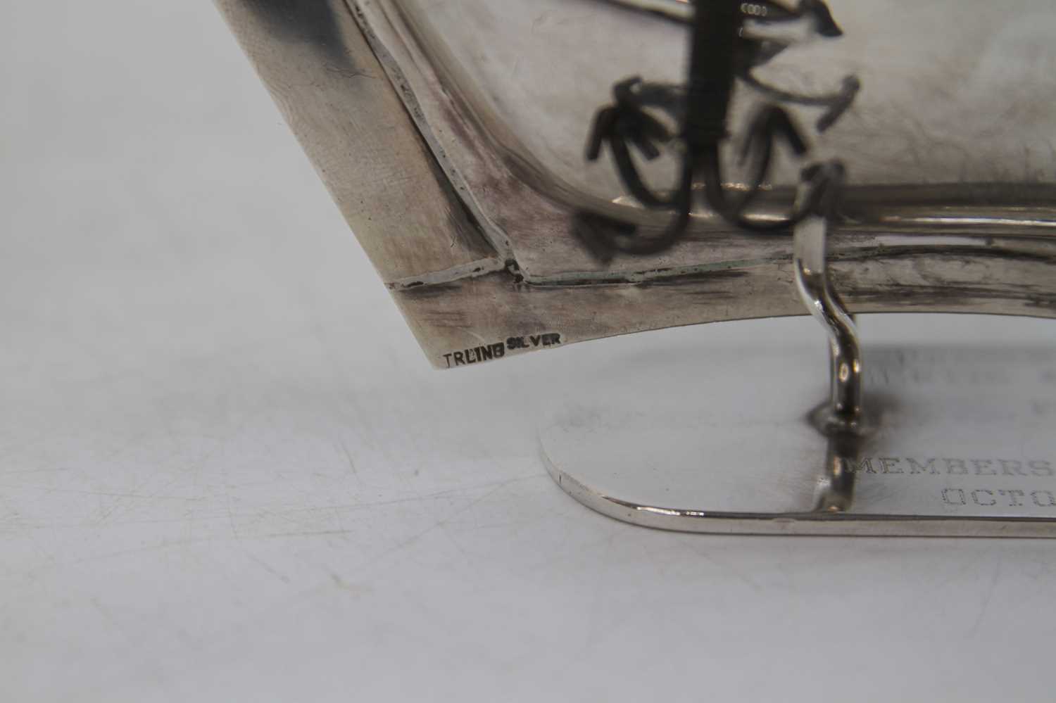 An Arabian white metal model of a dhow boat, mounted upon a presentation stand, stamped silver to - Bild 5 aus 5