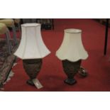 A pair of majolica table lamps with shades, h.58cm