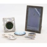 A collection of mixed silverware, to include Art Deco enamelled silver compact, silver clad pocket