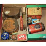 Two boxes of vintage advertising tins