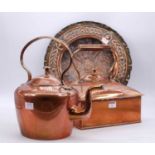 A Victorian copper range kettle, h.32cm; together with one other of square form; and a repousse
