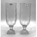 A pair of cut glass hurricane lamps, h.34cmNo damage