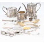 A collection of metalwares, to include silver plated teawares and copper powder flasks