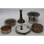 A collection of silver plated wares, to include wine coasters