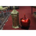 A modern gilt metal hanging lantern, h.62cm; together with a red painted model of an apple, h.43cm