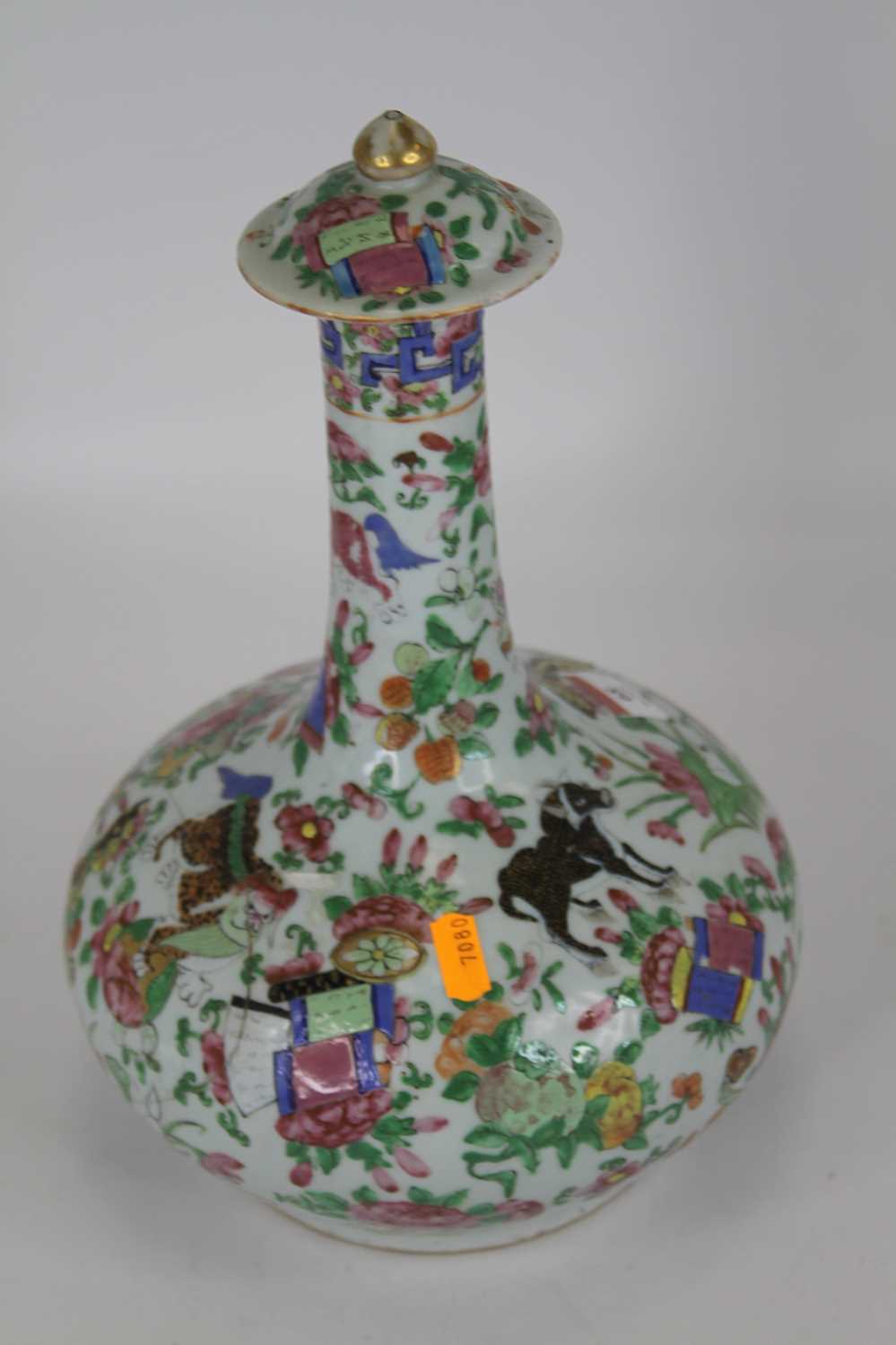 A 19th century Chinese Canton porcelain bottle vase and cover, enamel decorated with dragons and - Image 9 of 12