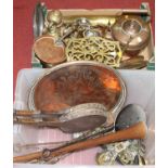 A collection of metal ware to include copper saucepan, shell case, and a powder flask