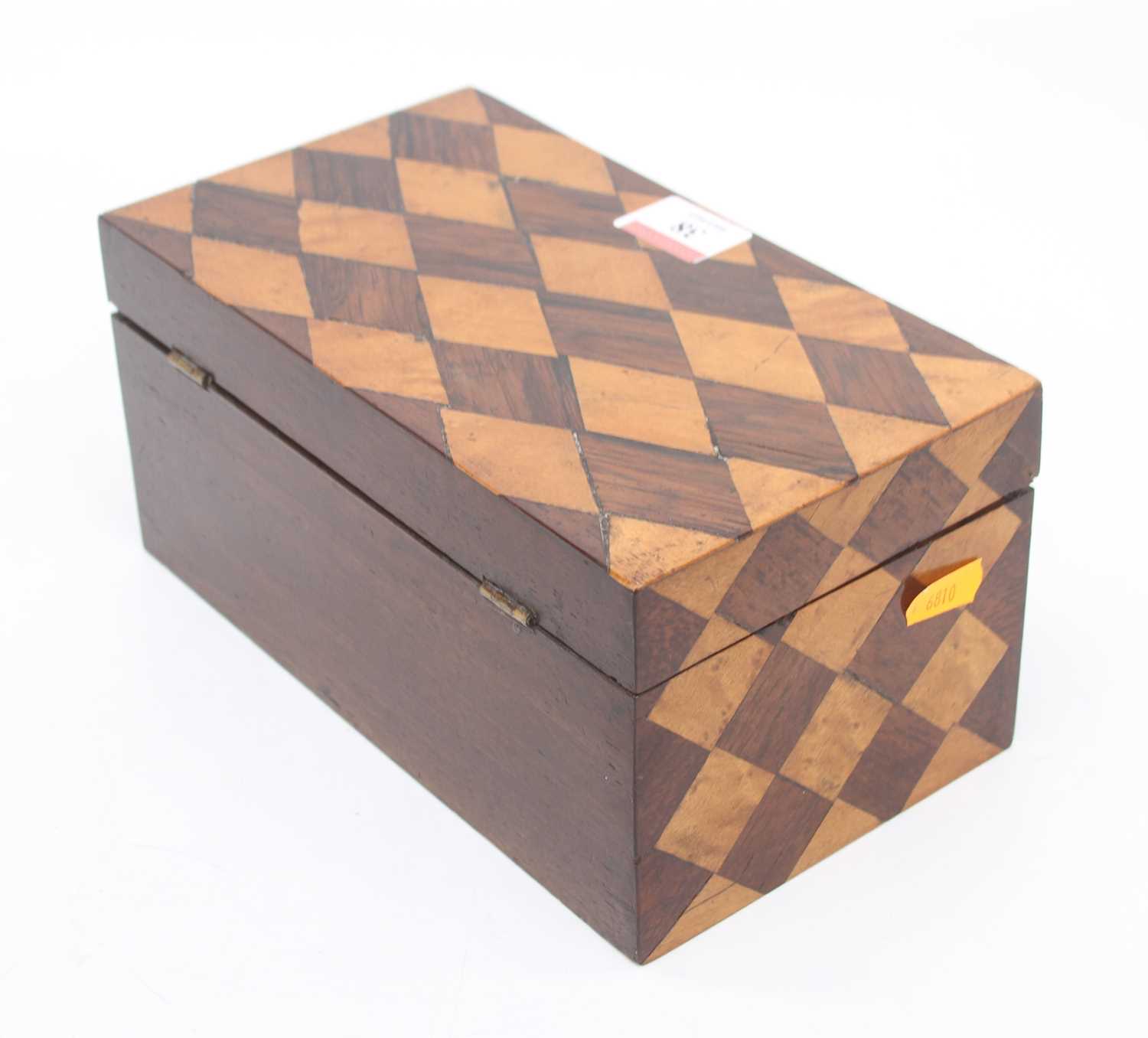 A 19th century parquetry inlaid box, with hinged lid, containing a collection of treen, width 22cm - Image 3 of 3