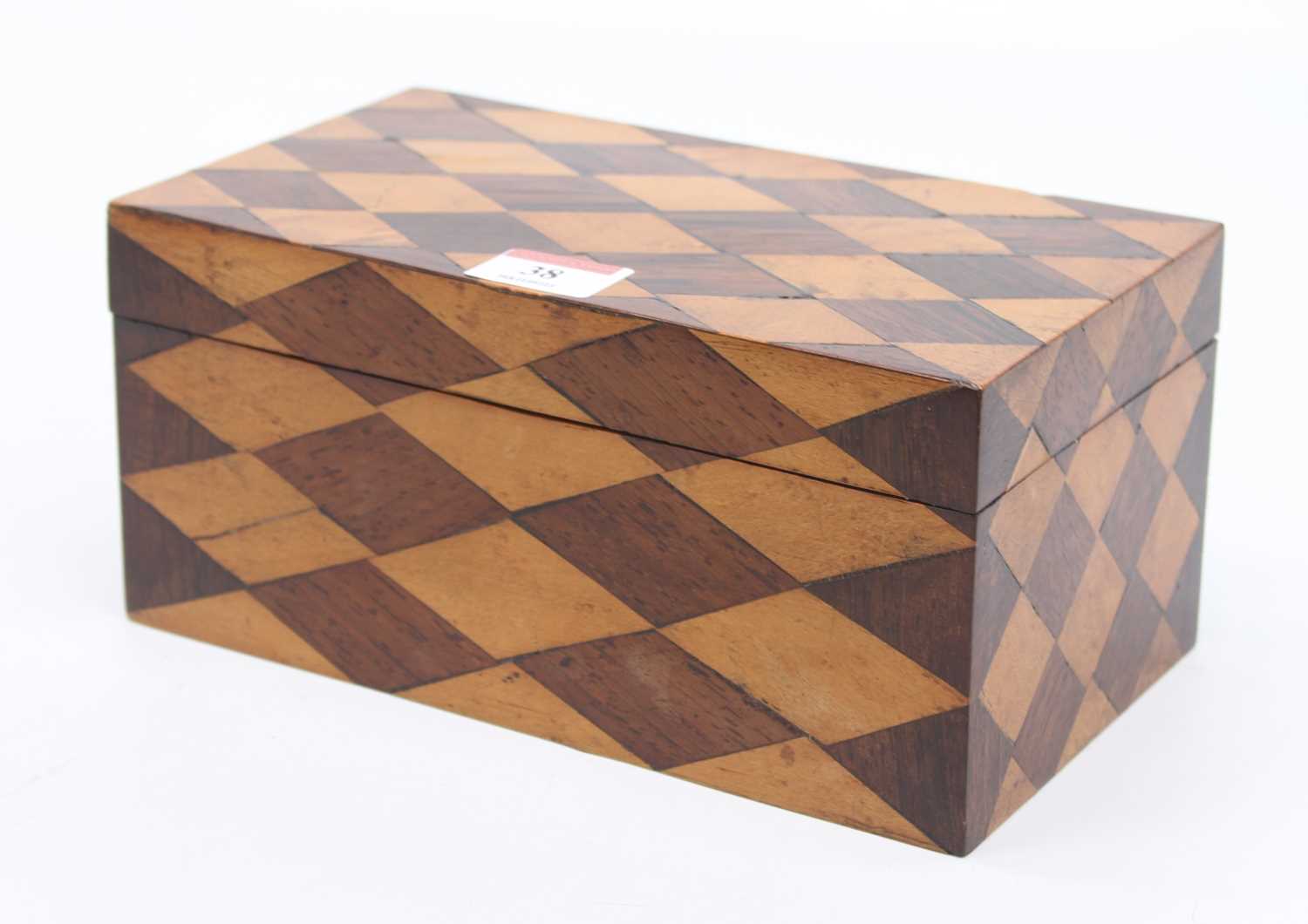 A 19th century parquetry inlaid box, with hinged lid, containing a collection of treen, width 22cm