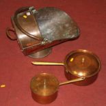 A Victorian copper coal scuttle, together with two copper pans, and lids