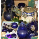 A collection of glassware to include a pair of blue glass metal mounted decanters, together with