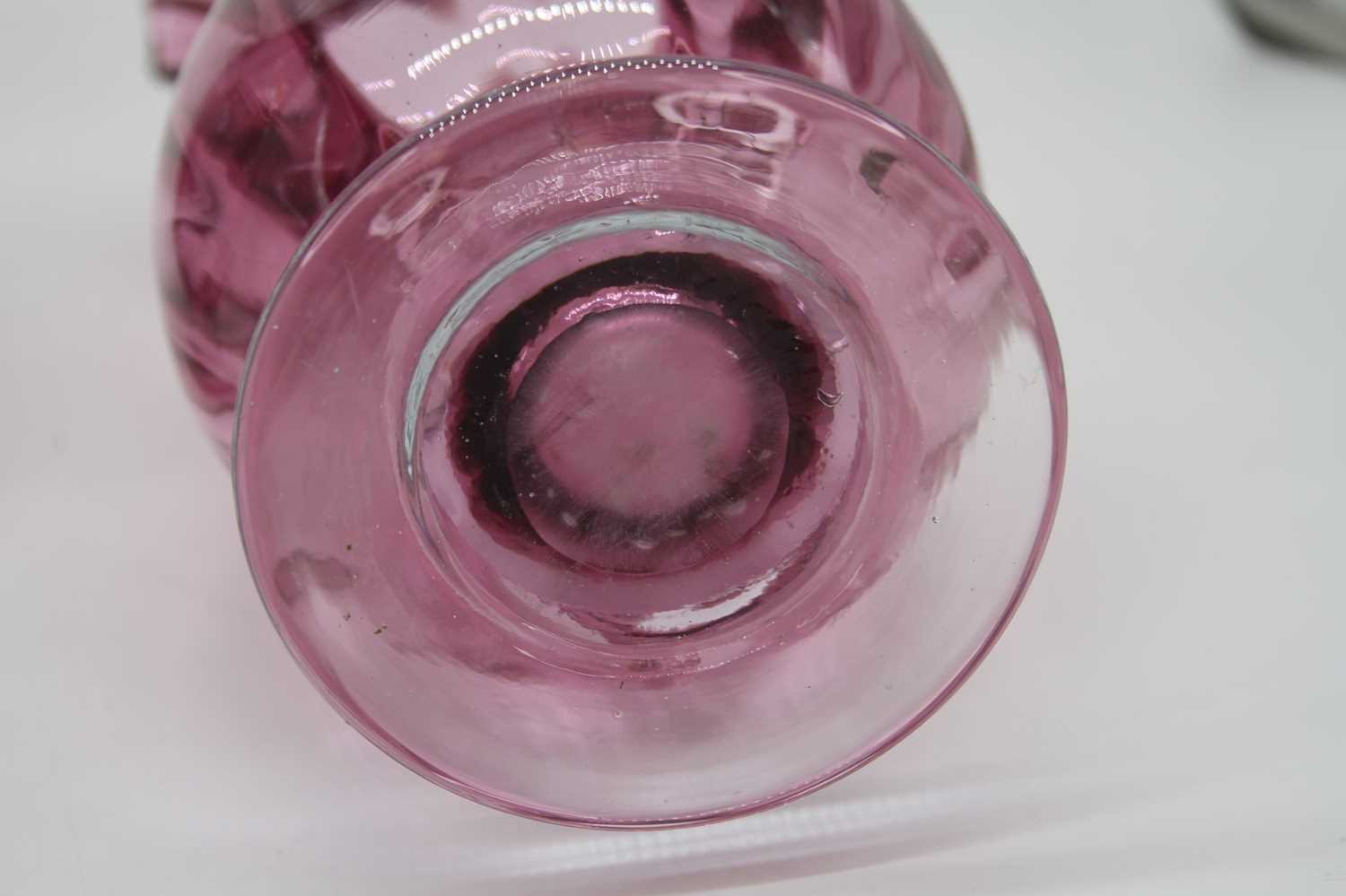 A pair of Victorian style cranberry glass vases, each having a frilled rim, height 37cm - Image 3 of 3