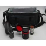 A Hama bag containing various lenses to include a Leitz, Tameron and Minolta