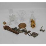 A cut glass scent bottle and stopper, h.16cm; together with one other; and various other items