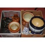 Two boxes containing a collection of ceramics and metal ware