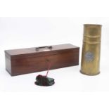A WWI trench art vase, together with a 19th century mahogany instrument case, width 38cm