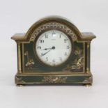 A 20th century green lacquered chinoiserie mantel clock, having an enamelled dial signed Asprey