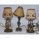 A pair of Regency style brass table lamps, height 35cm, together with a cloisonne enamelled brass