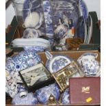 Two boxes of china and glass, to include a pair of storm lamps, and blue & white china