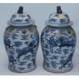 A pair of Chinese blue & white temple jars, the lids surmounted by a dog of fo, decorated with