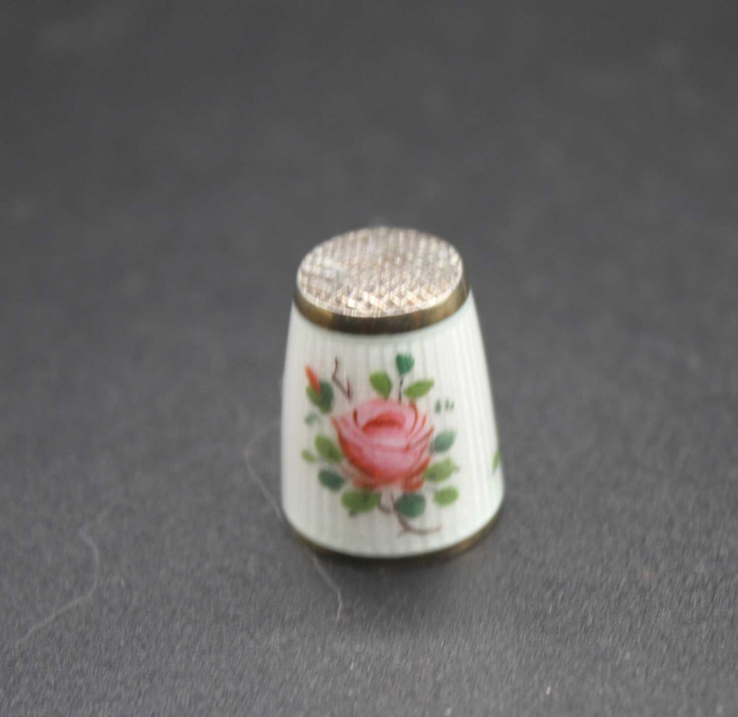 A Norwegian sterling silver and guilloche enamel thimble in David Anderson box